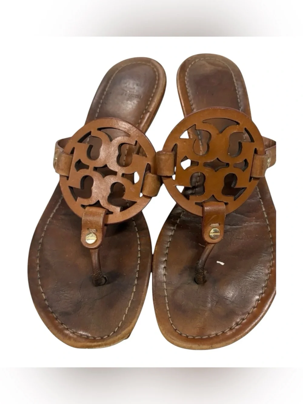 Tory Burch Miller Tan Leather Logo Thong Sandals Size 9M